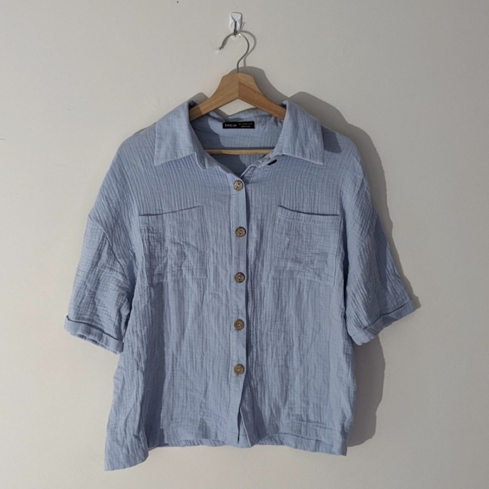 Shein Blue Gauzy Boxy Button Down Shirt